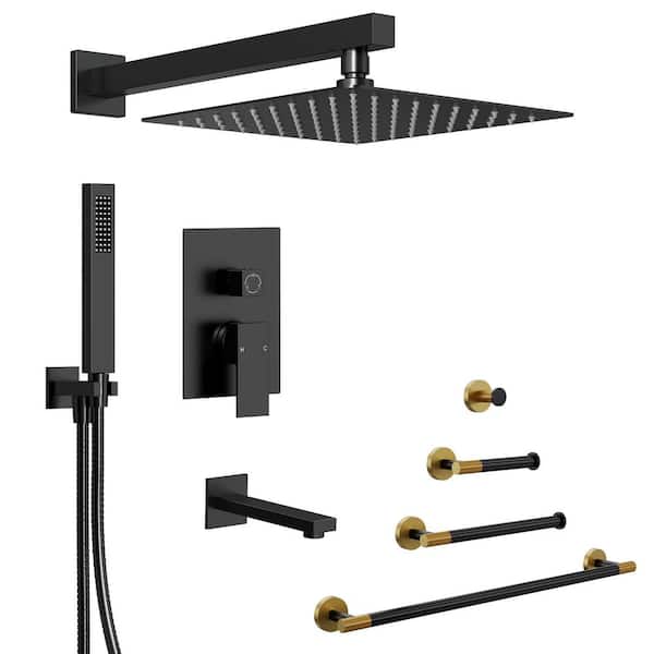 GRANDJOY Morvix 10 in. Single Handle 3-Spray Tub and Shower Faucet 2.5 GPM with Towel Rack Set in Matte Black Valve Included