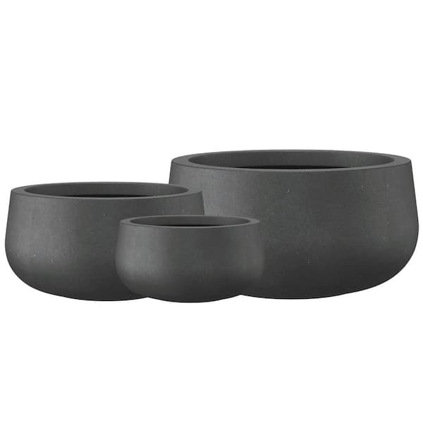Kante 19.6 in. 15.7 in. 11.8 in. Dia Round Black Concrete Indoor/Outdoor Planters (Set of 3) Modern Curvaceous Design