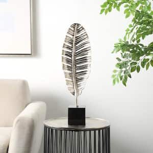 24 in. Silver Aluminum Standing Single Leaf Sculpture with Black Marble Base