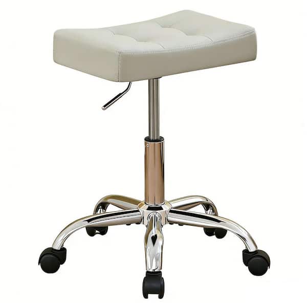 Gray Metal Adjustable Height 17-21 in. Tall Makeup Vanity Stool, Quiet Wheels and Sturdy Faux Leather Base