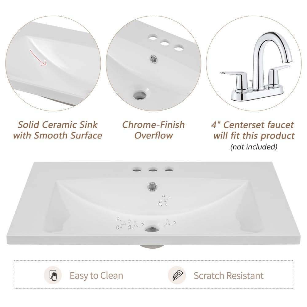 30" White Ceramic Bathroom Vanity Top with Single Sink