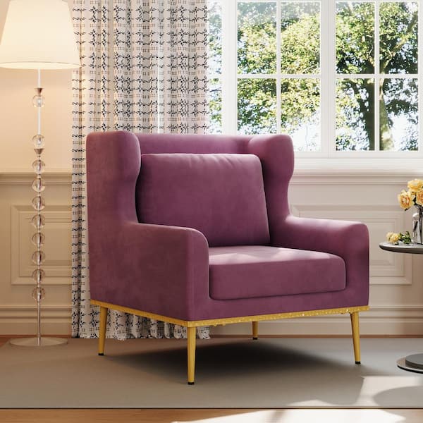 Valdric Modern Purple Velvet Upholstered Accent Arm Chair with Wingback and Pillow, Metal Legs