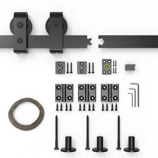 WINSOON 3 ft. /36 in. J Shape Frosted Black Top Mount Bi-Fold Sliding Barn Door Hardware Track Kit for Double Doors