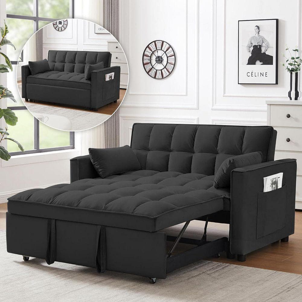 55 in. W 3-in-1 Convertible Velvet Sleeper Sofa Bed with 2 Pillows, Black, 2-Seater Loveseat