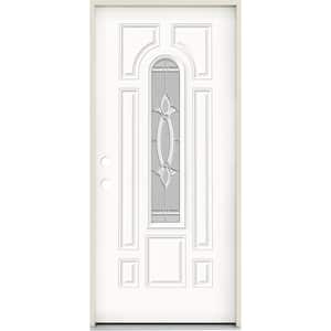 36 in. x 80 in. Right-Hand/Inswing Center Arch Blakely Decorative Glass Modern White Steel Prehung Front Door
