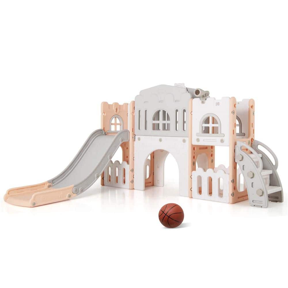 All in 1 Toddle Open Slide Playset Freestanding Kids Slide with Tunnel, Basketball Hoop Pink+Gray price history on PriceWatchPro
