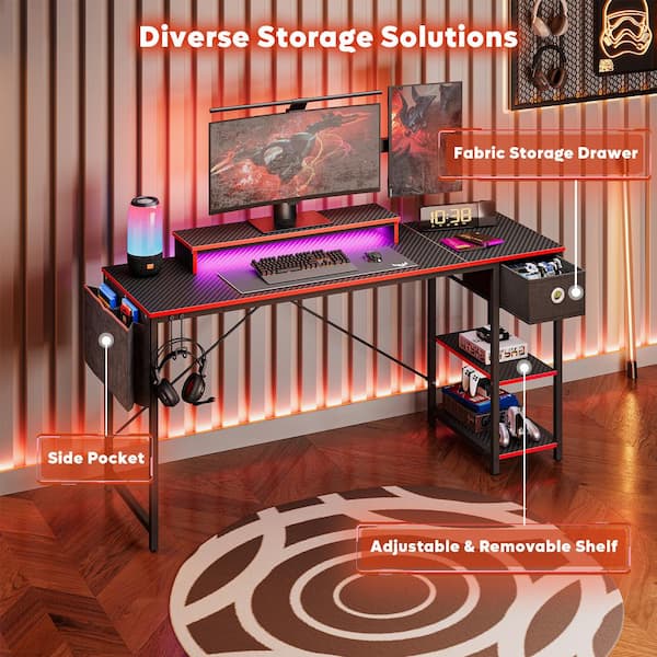 61 in. Rectangular Reversible Black Carbon Fiber Computer Desk with Storage Drawer and LED Monitor Stand