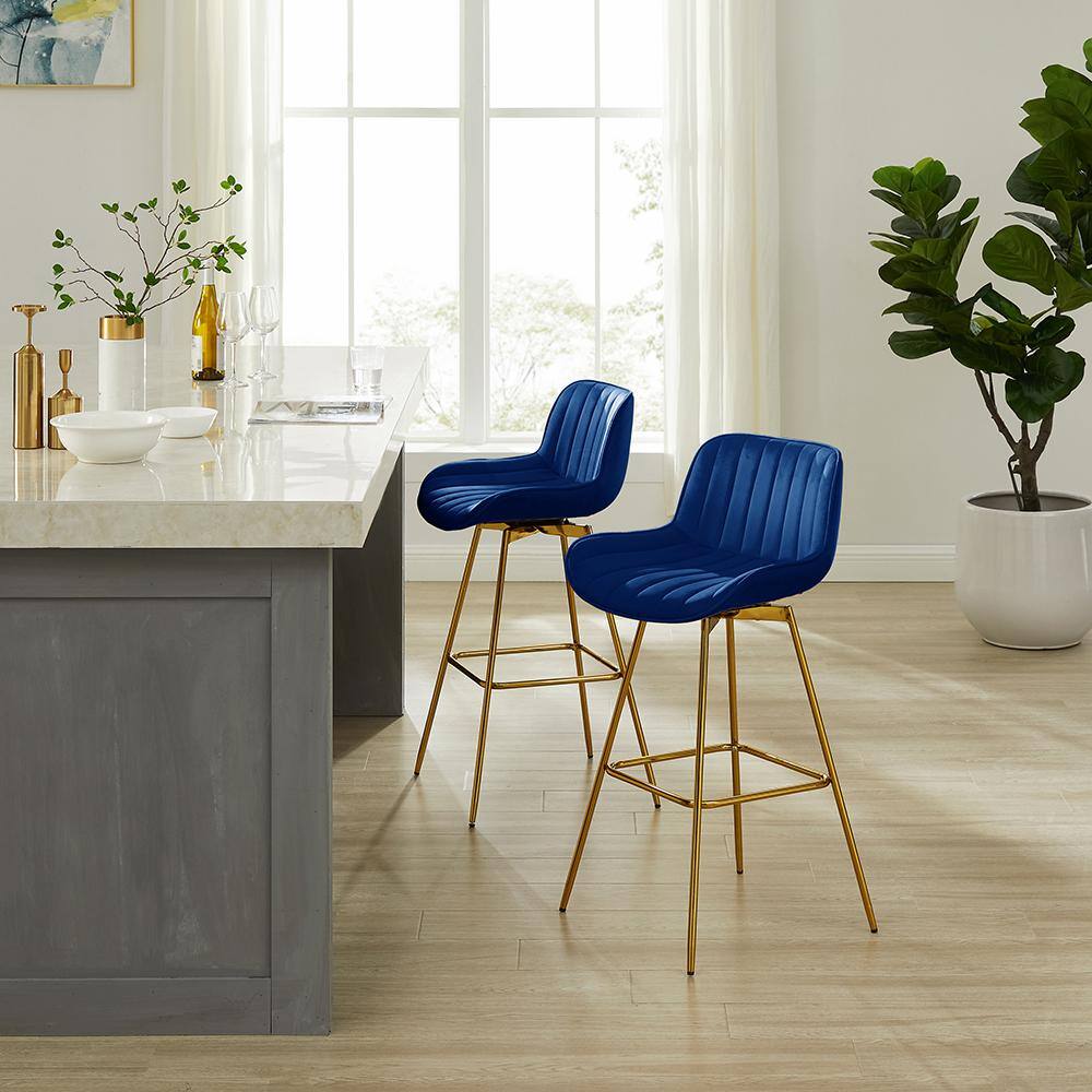 Elegant Blue Velvet Swivel Counter Height Bar Stools with Golden Metal Legs