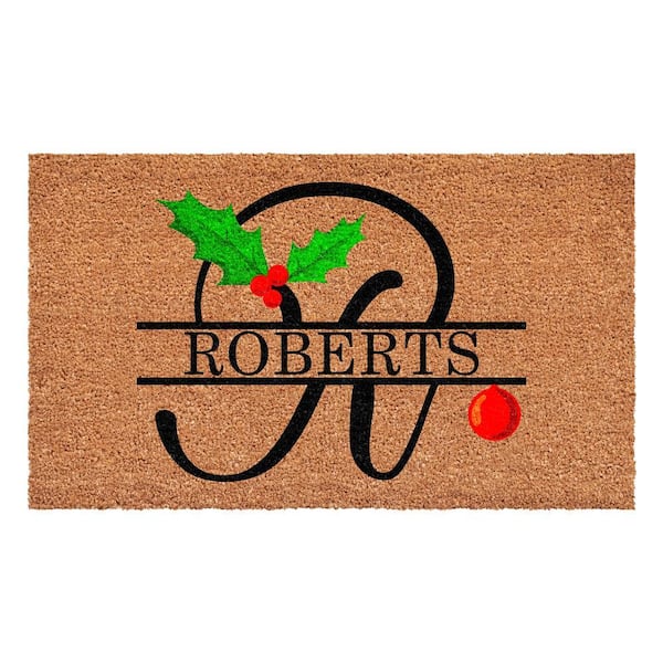 Christmas Holly 48 in. x 30 in. Coir Monogrammed Letter R Door Mat
