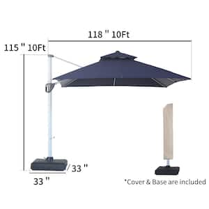 10 ft. Square Aluminum Cantilever Patio Umbrella 360 Rotation, Steel Ribs, Dual Top with Cover and Base in Navy Blue