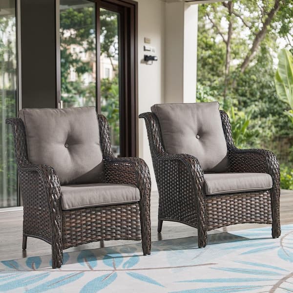 Opohoro ArcoBay Metal and Brown Wicker Outdoor Lounge Chair with Olefin Gray Cushions (2-Pack)