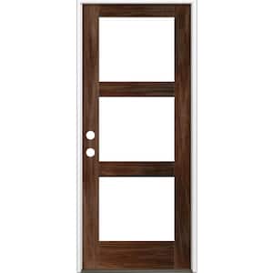 32 in. x 96 in. Modern Hemlock Right-Hand/Inswing 3-Lite Clear Glass Red Mahogany Stain Wood Prehung Front Door
