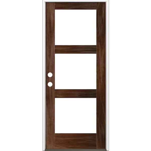 Krosswood Doors 32 in. x 96 in. Modern Hemlock Right-Hand/Inswing 3-Lite Clear Glass Red Mahogany Stain Wood Prehung Front Door