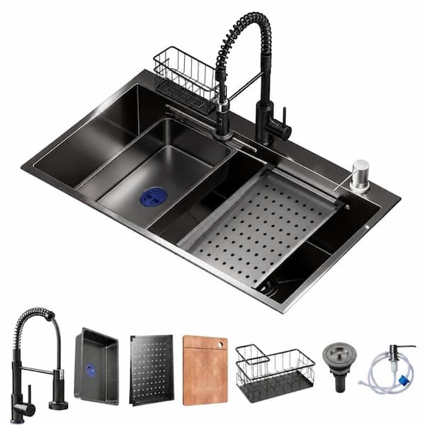 32 in. Drop-In Single Bowl Black Stainless Steel Workstation Kitchen Sink with Faucet and Full Accessory Set