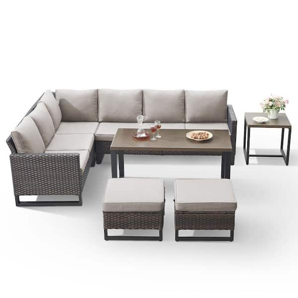 U-Series 7-Piece Outdoor Brown Wicker Sofa PE Rattan Wicker Patio Conversation Set with CushionGuard Cushions(Beige)