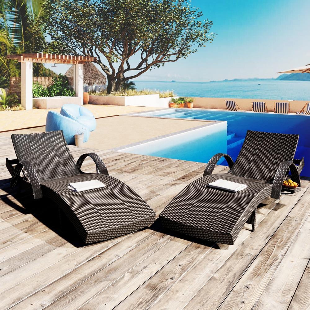 Dark Brown 2-Piece Wicker Outdoor Chaise Lounge Chairs Pool Recliners with 