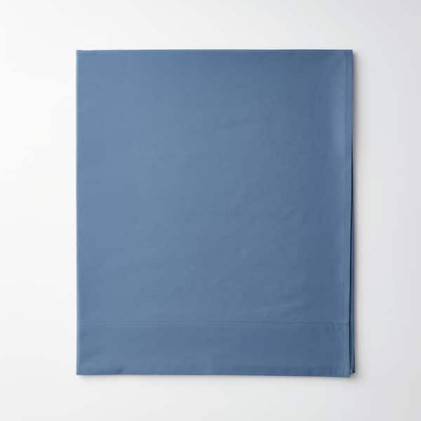 The Company Store Company Cotton Slate Blue Solid 300-Thread Count Cotton Percale Queen Flat Sheet