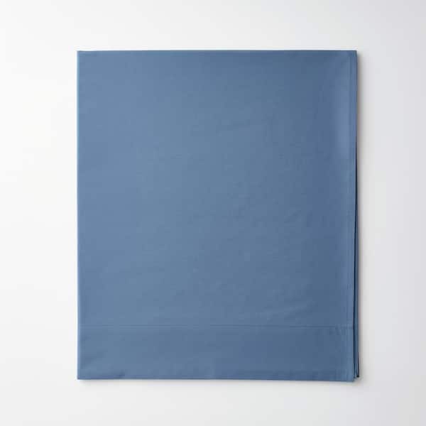 The Company Store Company Cotton Slate Blue Solid 300-Thread Count Cotton Percale Oversized Queen Deep Pocket Flat Sheet