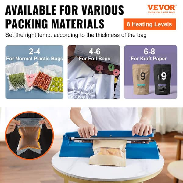 VEVOR Impulse Sealer 12 inch Manual Heat Seal Machine with Adjustable Heating Mode ABS Shrink Wrap Bag Sealers for Plastic Mylar PE PP Bags Portable