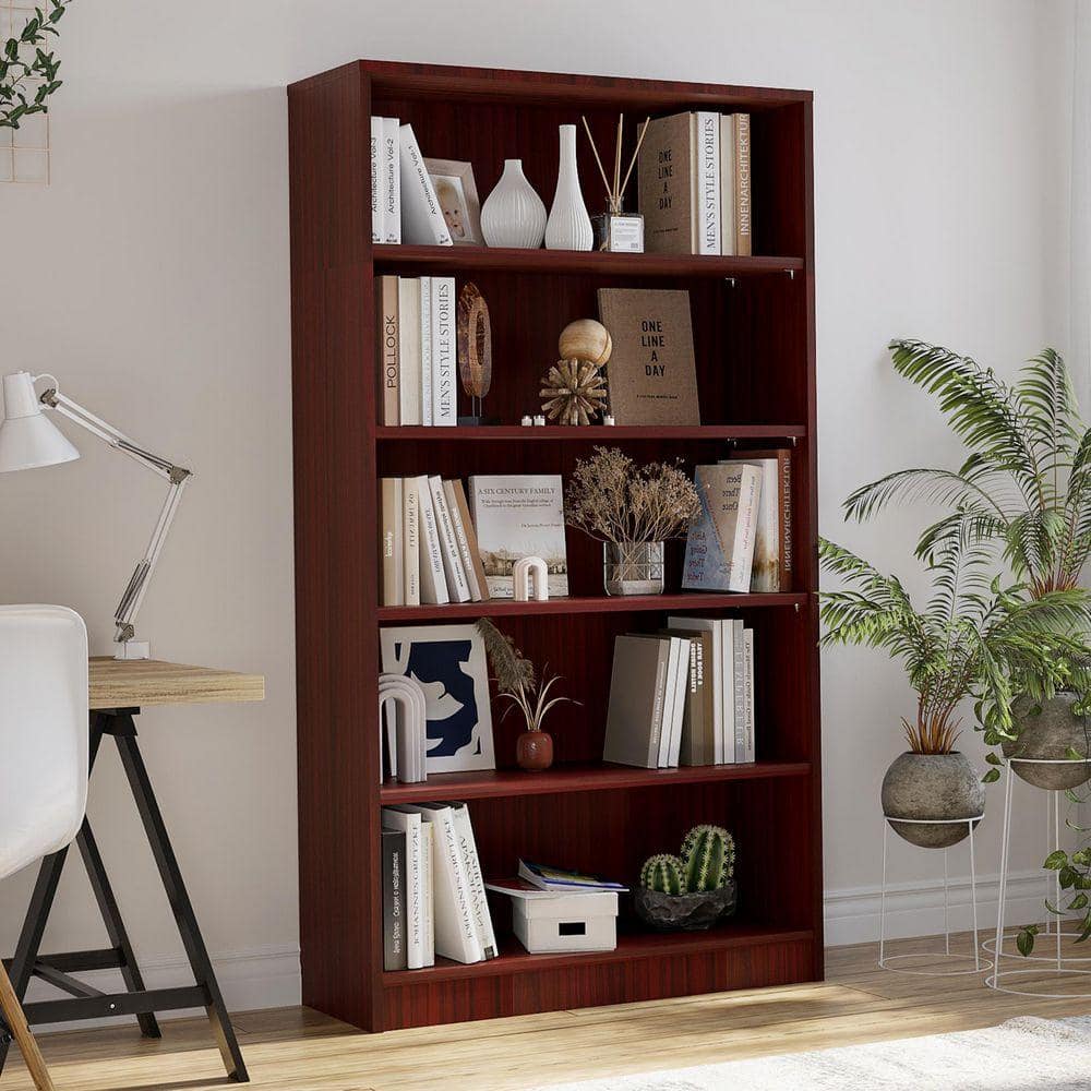 Otryad 5-Shelf Mahogany Wood Kitchen Pantry Cabinet, Freestanding Bookshelf Open Storage Organizer with Adjustable Shelves