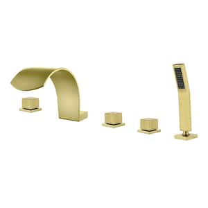 3-Handle Deck-Mount Roman Tub Faucet, 5 Hole Waterfall Bathtub Shower Faucet with Hand Shower in Brushed Gold