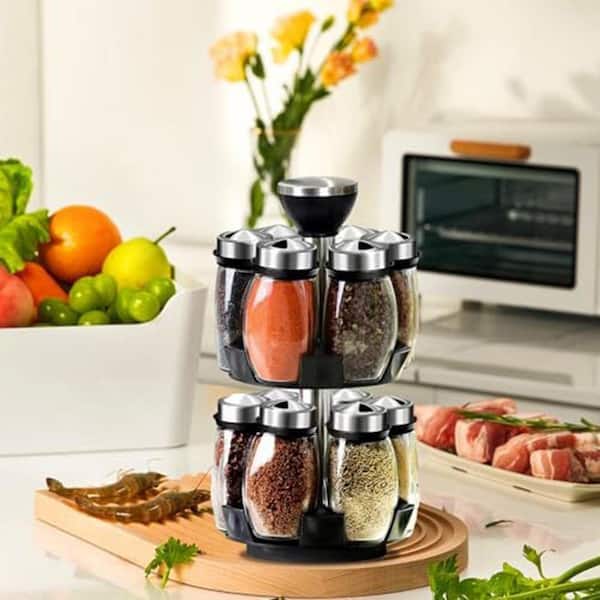 1-Shelf Stainless Steel Countertop Rotating Spice Rack Organizer with 12-Glass Jar Bottles Set for Kitchen Storage