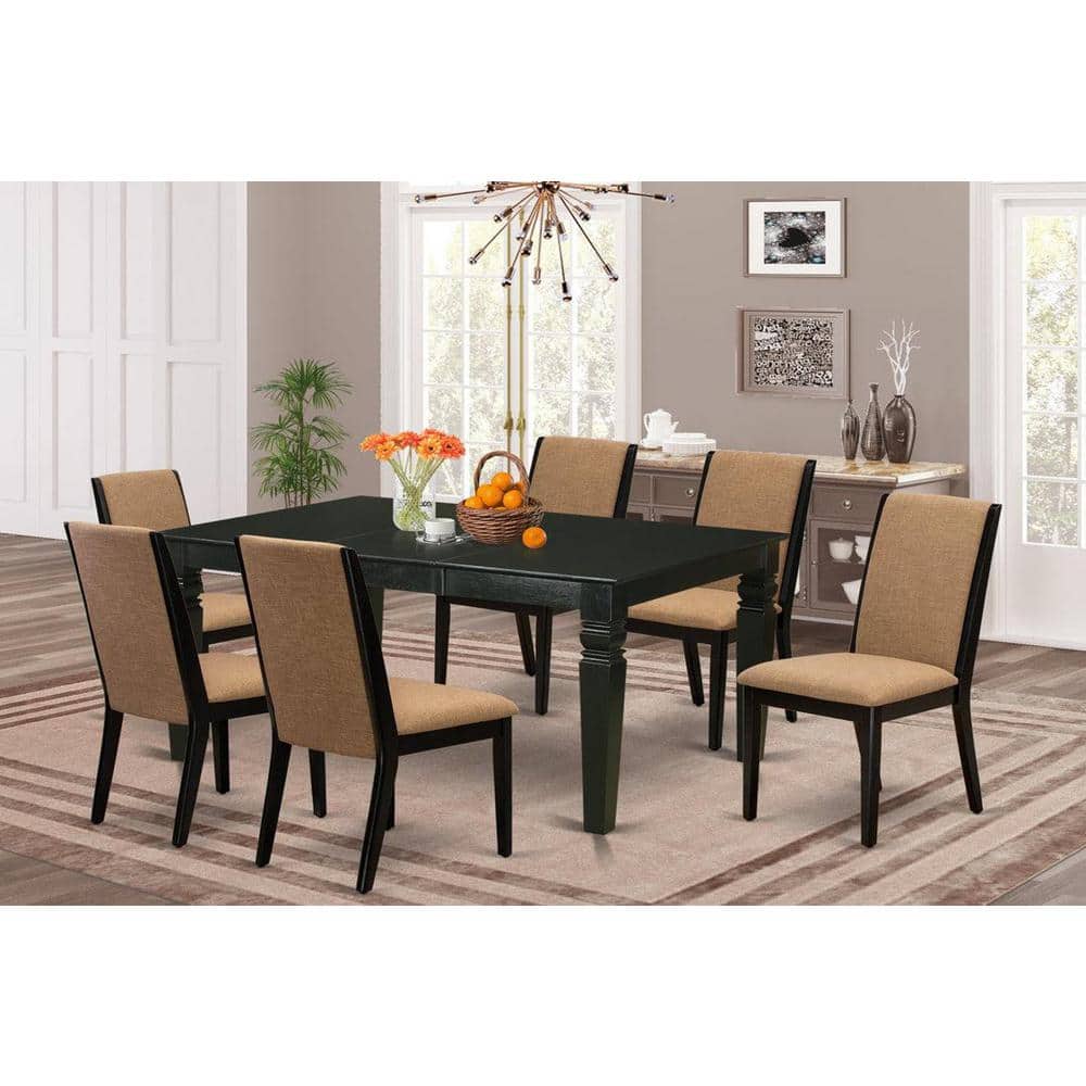 7-Piece Black Finish Solid Wood Top Dining Table with 6 Parson-Chairs with Butterfly Leaf Lattice Back