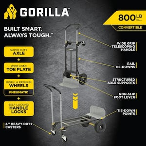 800 lbs. Capacity Convertible Steel Hand Truck, Wide Dual Mode Adjustable Height Handle, Simple/Safe Flatbed Conversion