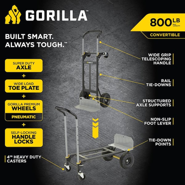 800 lbs. Capacity Convertible Steel Hand Truck, Wide Dual Mode Adjustable Height Handle, Simple/Safe Flatbed Conversion