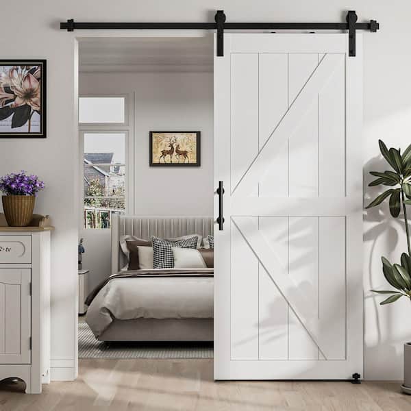 30 in. x 84 in. White K-shaped MDF Sliding Barn Door Slab with Hardware Kit