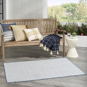 Courtyard Ivory Blue 3 ft. x 5 ft. Geometric Contemporary Indoor/Outdoor Patio Kitchen Area Rug