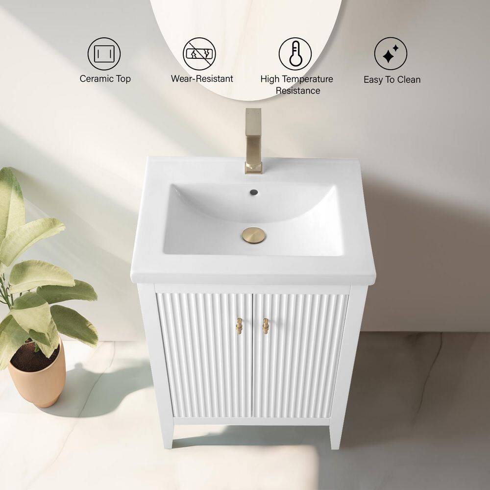 White and Gold Freestanding Single Bathroom Vanity with Ceramic Top