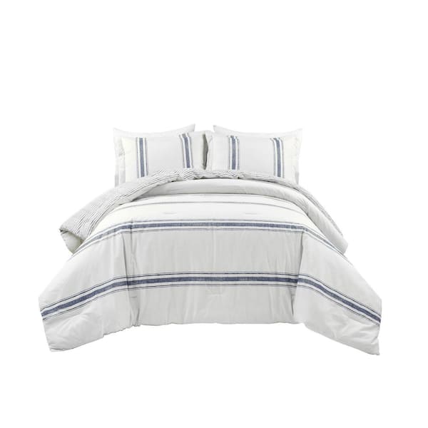 Navy Stripe Cotton King Comforter Set, Grain Sack Duvet Cover King
