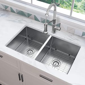 Tight Radius 36 in. Undermount 50/50 Double Bowl 18 Gauge Stainless Steel Kitchen Sink with Spring Neck Faucet