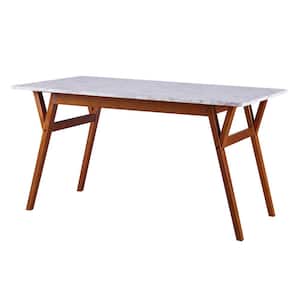 Ashton 55 in. L x 30 in. W x 29.5 in. H Rectangular Marble-Look Dining Table with Wood Leg, Marble/Walnut