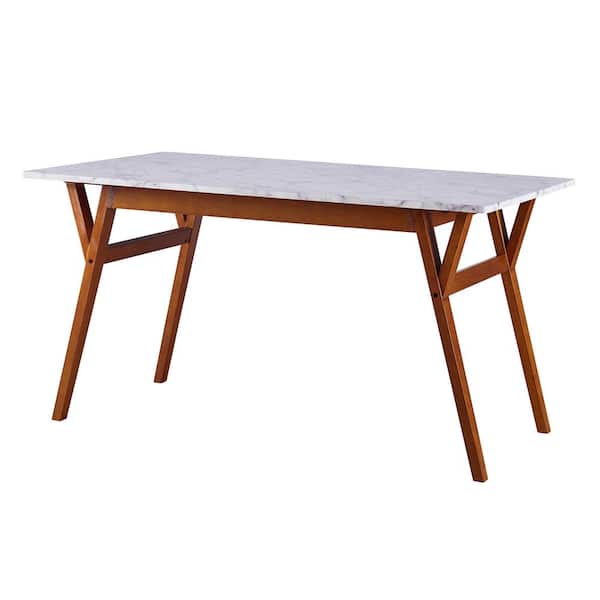 Teamson Home Ashton 55 in. L x 30 in. W x 29.5 in. H Rectangular Marble-Look Dining Table with Wood Leg, Marble/Walnut