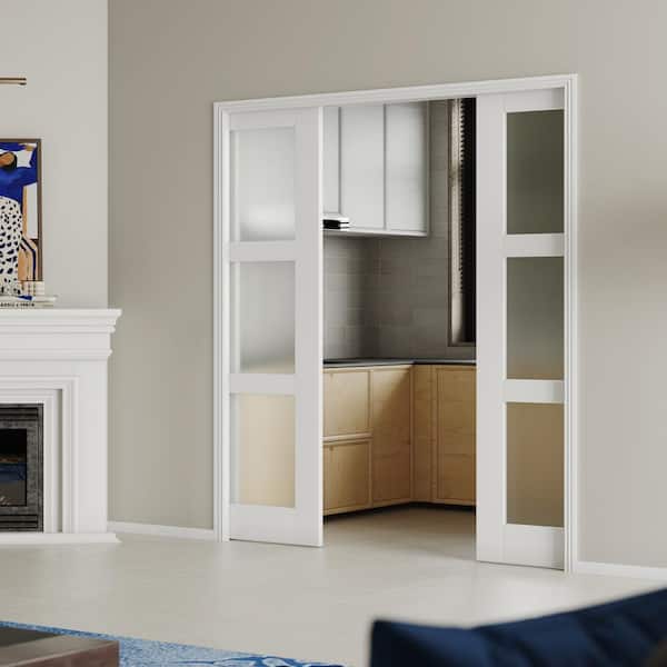 TENONER 64 in. x 80 in . （32''X 2）3-Lite White MDF Tempered Frosted Glass Double Sliding Pocket Door Frame With Hardware Kit
