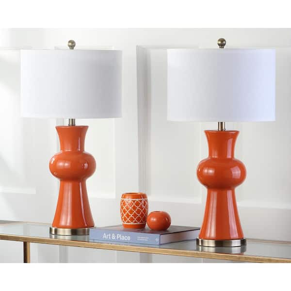 Lola 30 in. Orange Column Hourglass Table Lamp with Off-White Shade (Set of 2)