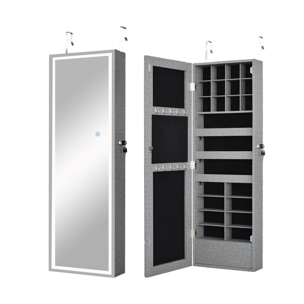 Gray Rectangular Wood Jewelry Cabinet with Mirror and LED Lights, Can be Hu