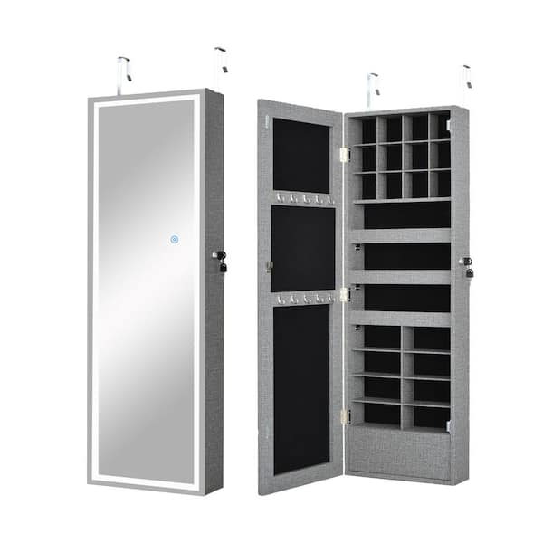 Unbranded Gray Rectangular Wood Jewelry Cabinet with Mirror and LED Lights, Can be Hung on the Door or Wall