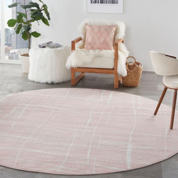 Whimsicle Pink Ivory 8 ft. x 8 ft. Abstract Contemporary Round Area Rug