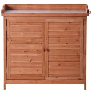 19.1 in. H Orange Outdoor 39 Rustic Garden Wood Workstation Storage Cabinet, Shed with 2-Tier Shelves and Side Hook
