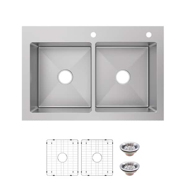 Tight Radius 33 in. Drop-In 50/50 Double Bowl 18 Gauge Stainless Steel Kitchen Sink with Accessories
