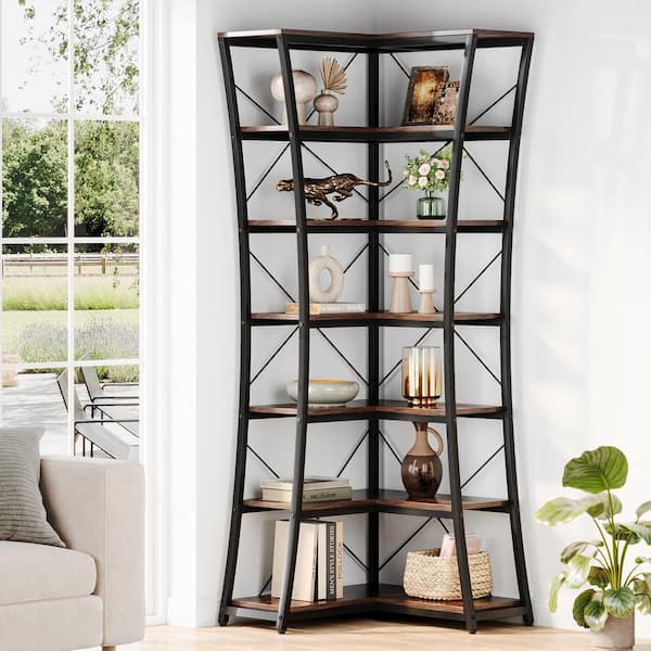 BYBLIGHT Eulas 77.56 in. Tall Rustic Brown Engineered Wood 7-Shelf Corner Bookcase, Industrial L-Shaped Bookshelf Storage Rack