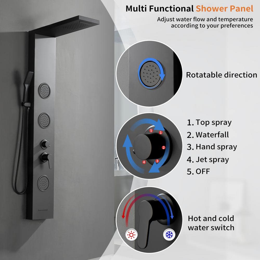 Matte Black 52'' Shower Panel System with Rainfall Shower Head