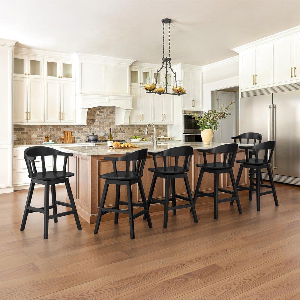 Wendell 37.4 in. Black Solid Wood Barstool Swivel Bar Stool Counter Height Chair with Thicked Spindle Back Set of 6 price history on PriceWatchPro