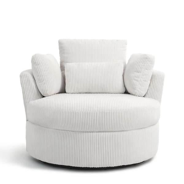 Beige Corduroy Fabric Upholstered 360° Swivel Accent Barrel Chair with Pillows (Set of 1)