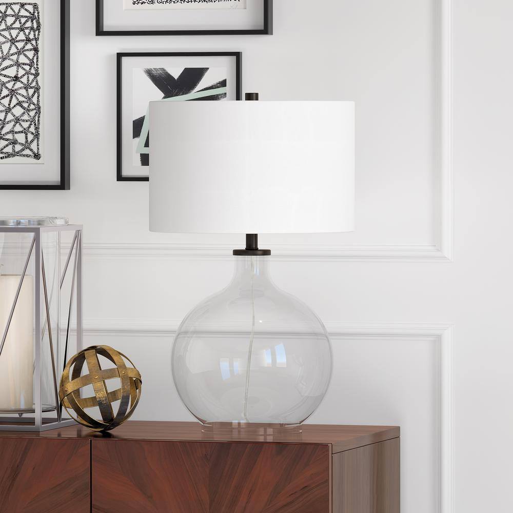 Clear Glass Nightstand Lamp with Bronze Accents and Linen Shade