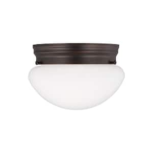 Webster 7.75 in. 1-Light Bronze Classic Flush Mount with White Glass Shade and Dimmable LED Light Bulb