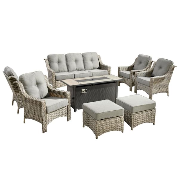 Cherry 8-Piece Wicker Outdoor Fire Pit Furniture Patio Conversation Sofa Seating Set with Dark Grey Cushions